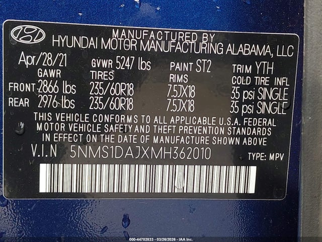 44702833 :رقم المزاد ، 5NMS1DAJXMH362010 vin ، 2021 Hyundai Santa Fe Se مزاد بيع