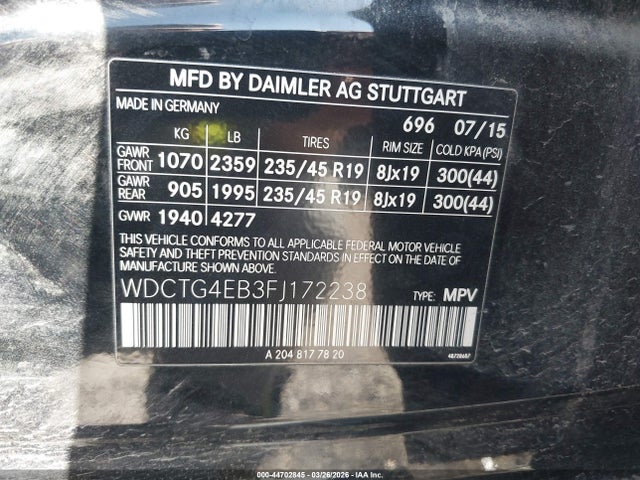 Продажа на аукционе авто 2015 Mercedes-benz Gla 250, vin: WDCTG4EB3FJ172238, номер лота: 44702845