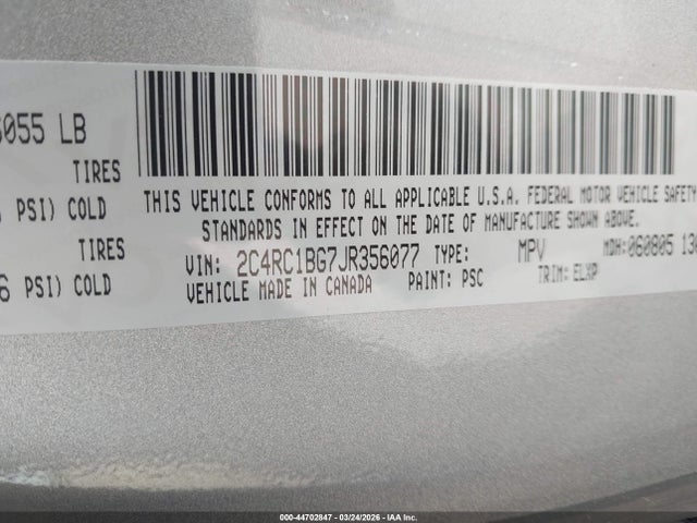 2018 Chrysler Pacifica Touring L მანქანა იყიდება აუქციონზე, vin: 2C4RC1BG7JR356077, აუქციონის ნომერი: 44702847