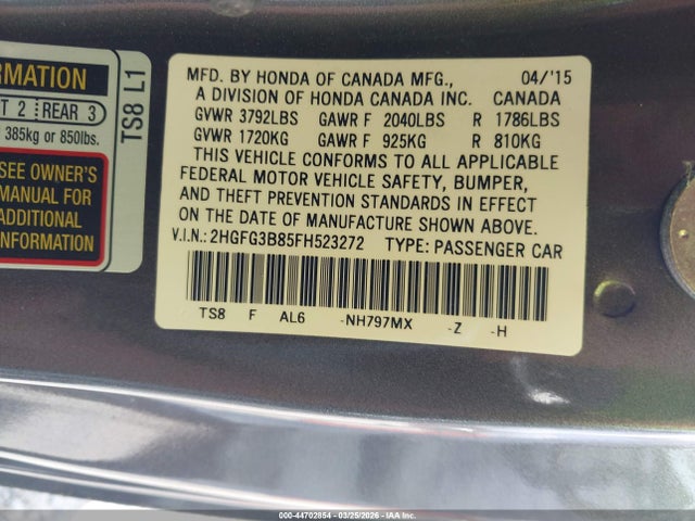 44702854 :رقم المزاد ، 2HGFG3B85FH523272 vin ، 2015 Honda Civic Ex مزاد بيع