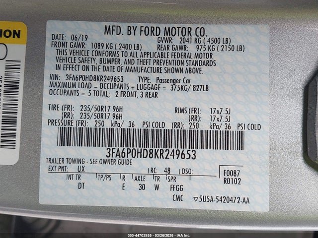2019 FORD FUSION 3FA6P0HD8KR249653 Photo 8