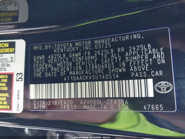 2025 Toyota Camry Se მანქანა იყიდება აუქციონზე, vin: 4T1DAACK4SU140514, აუქციონის ნომერი: 44702866