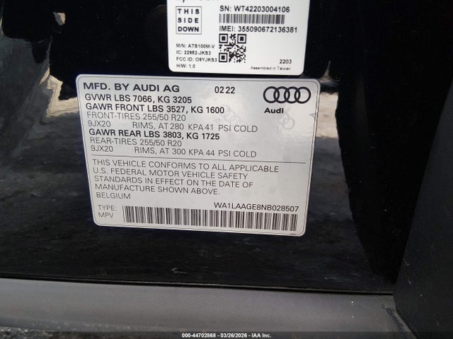 Auction sale of the 2022 Audi E-tron Premium Plus Quattro, vin: WA1LAAGE8NB028507, lot number: 44702868