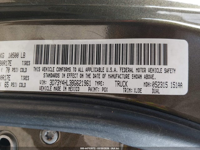 Продажа на аукционе авто 2011 Dodge Ram 3500, vin: 3D73Y4HL3BG621961, номер лота: 44702872