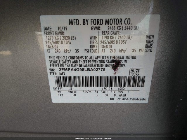 Ford EDGE SE 2020 2FMPK4G98LBA02775 Image 9