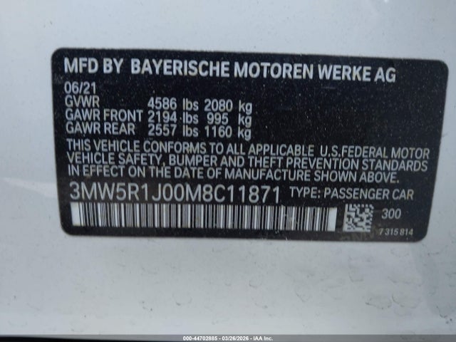 44702885 :رقم المزاد ، 3MW5R1J00M8C11871 vin ، 2021 Bmw 330i مزاد بيع