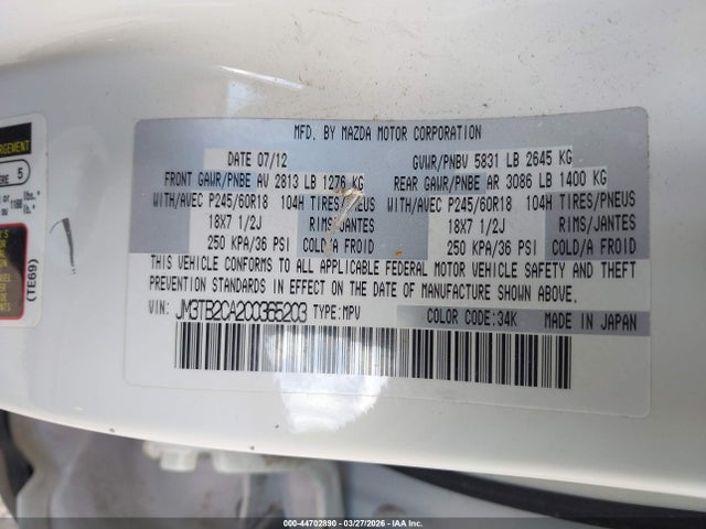 44702890 :رقم المزاد ، JM3TB2CA2C0365203 vin ، 2012 Mazda Cx-9 Touring مزاد بيع