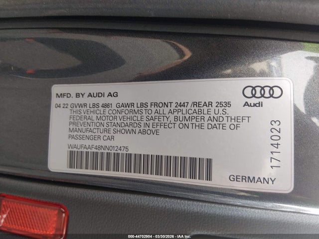 44702904 :رقم المزاد ، WAUFAAF48NN012475 vin ، 2022 Audi A4 Prestige 45 Tfsi S Line Quattro S Tronic مزاد بيع