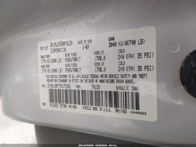 Продаж на аукціоні авто 2007 Dodge Ram 1500 Slt/trx4 Off Road/sport, vin: 1D7HU18P77S177261, номер лоту: 44702909