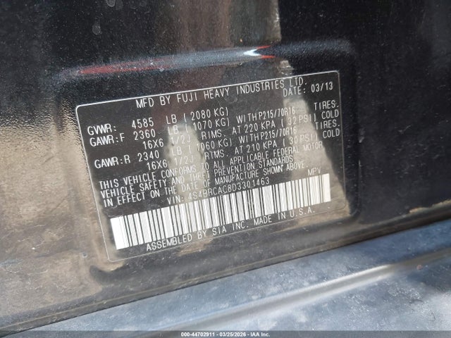 2013 Subaru Outback 2.5i მანქანა იყიდება აუქციონზე, vin: 4S4BRCAC8D3301463, აუქციონის ნომერი: 44702911