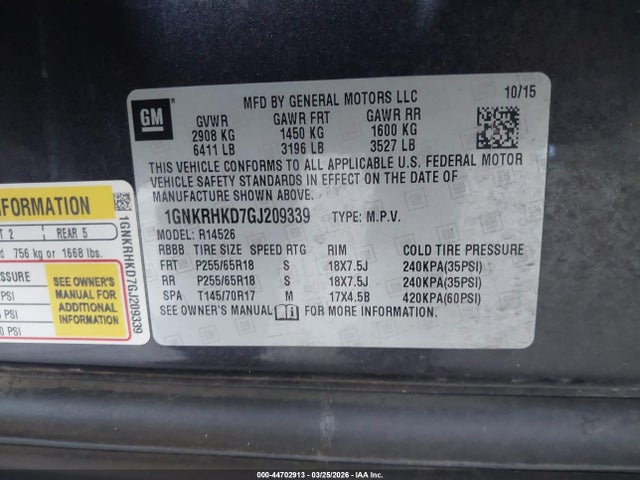 Chevrolet Traverse 2lt 2016 1GNKRHKD7GJ209339 Image 9