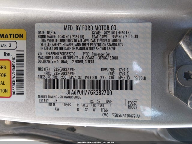 Ford FUSION SE 2016 3FA6P0H77GR382700 Image 9