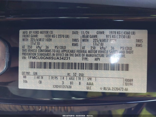 Продаж на аукціоні авто 2025 Ford Escape Active, vin: 1FMCU0GN8SUA34231, номер лоту: 44702919
