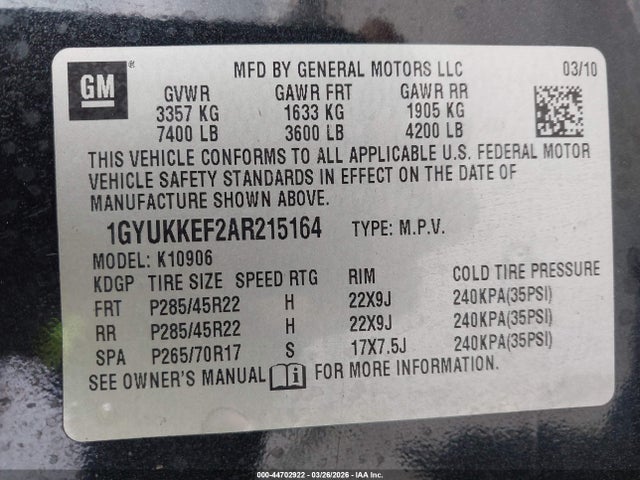 Продаж на аукціоні авто 2010 Cadillac Escalade Esv Platinum Edition, vin: 1GYUKKEF2AR215164, номер лоту: 44702922