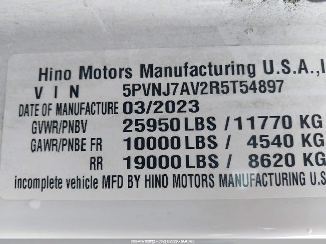 2024 Hino Hino L6 მანქანა იყიდება აუქციონზე, vin: 5PVNJ7AV2R5T54897, აუქციონის ნომერი: 44702932