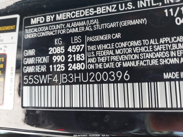 Aukcja sprzedaży 2017 Mercedes-benz C 300, vin: 55SWF4JB3HU200396, numer aukcji: 44702933