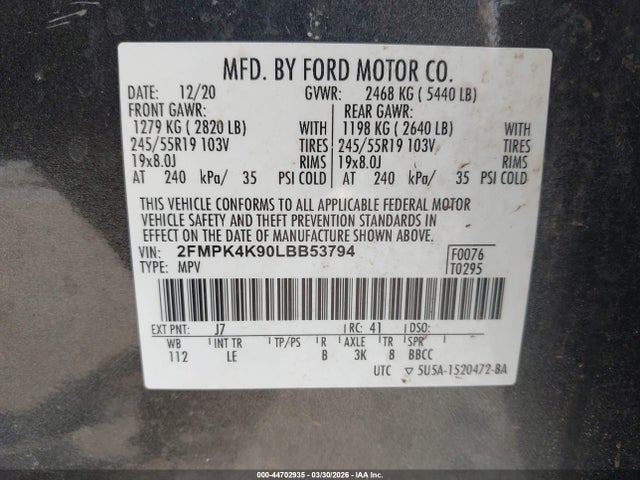 Aukcja sprzedaży 2020 Ford Edge Titanium, vin: 2FMPK4K90LBB53794, numer aukcji: 44702935