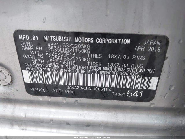 Продаж на аукціоні авто 2018 Mitsubishi Outlander Es, vin: JA4AZ3A36JJ005164, номер лоту: 44702934
