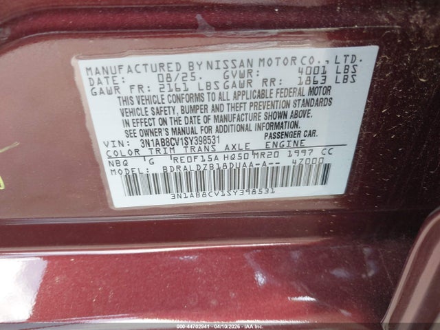 44702941 :رقم المزاد ، 3N1AB8CV1SY398531 vin ، 2025 Nissan Sentra Sv مزاد بيع