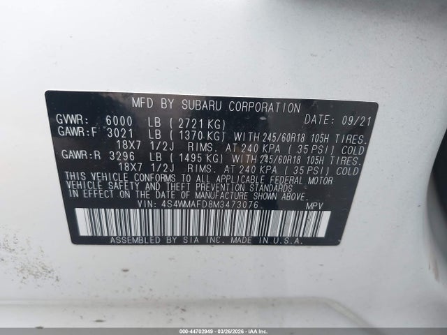 Продаж на аукціоні авто 2021 Subaru Ascent Premium, vin: 4S4WMAFD8M3473076, номер лоту: 44702949