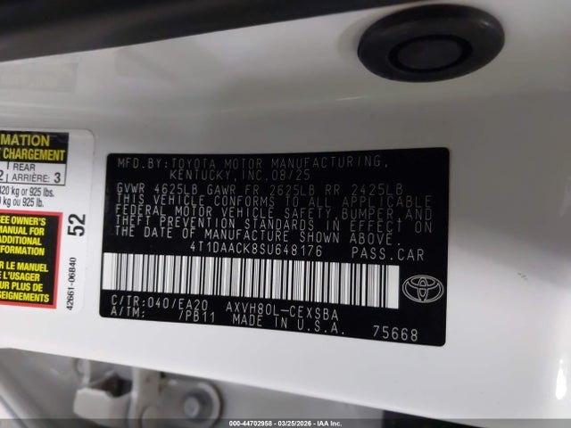 44702958 :رقم المزاد ، 4T1DAACK8SU648176 vin ، 2025 Toyota Camry Se مزاد بيع