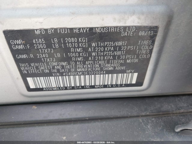 Aukcja sprzedaży 2014 Subaru Outback 2.5i Limited, vin: 4S4BRCMC3E3220044, numer aukcji: 44702993