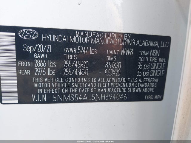 Aukcja sprzedaży 2022 Hyundai Santa Fe Calligraphy, vin: 5NMS54AL5NH394046, numer aukcji: 44703000