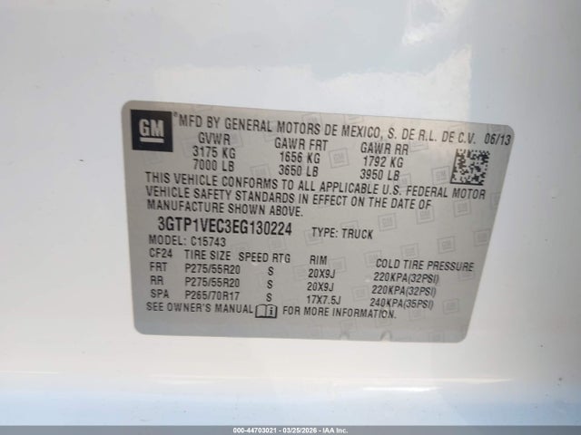 44703021 :رقم المزاد ، 3GTP1VEC3EG130224 vin ، 2014 Gmc Sierra 1500 Slt مزاد بيع