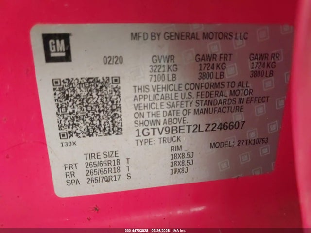 44703028 :رقم المزاد ، 1GTV9BET2LZ246607 vin ، 2020 Gmc Sierra 1500 4wd  Standard Box Sle مزاد بيع