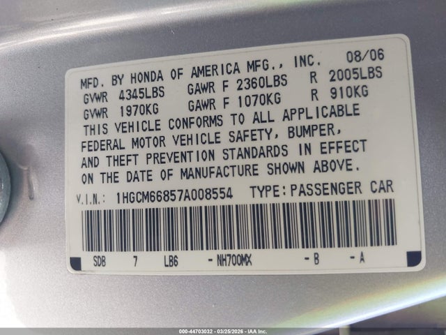 2007 HONDA ACCORD 1HGCM66857A008554 Photo 8