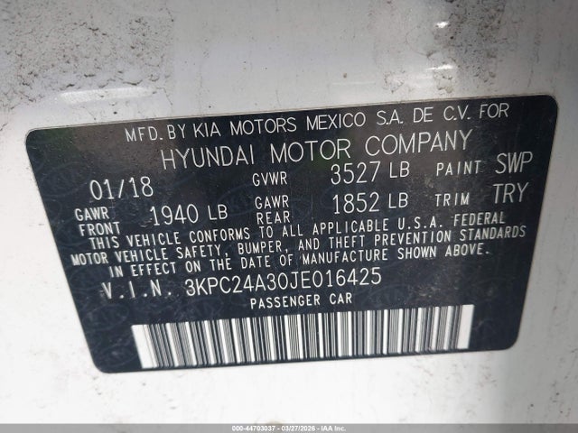 Aukcja sprzedaży 2018 Hyundai Accent Se, vin: 3KPC24A30JE016425, numer aukcji: 44703037