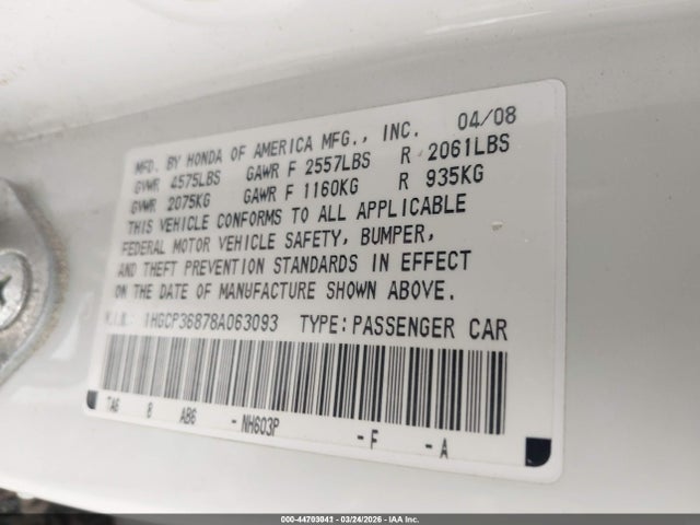 44703041 :رقم المزاد ، 1HGCP36878A063093 vin ، 2008 Honda Accord 3.5 Ex-l مزاد بيع
