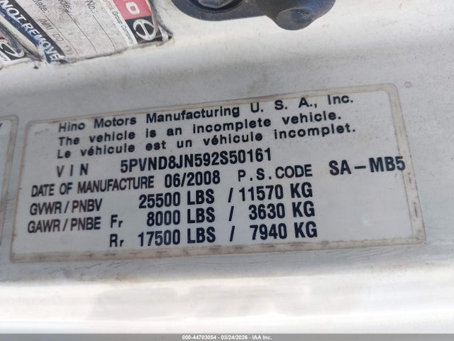 44703054 :رقم المزاد ، 5PVND8JN592S50161 vin ، 2009 Hino 258 مزاد بيع