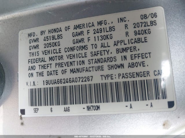 Auction sale of the 2006 Acura Tl, vin: 19UUA66246A072267, lot number: 44703061
