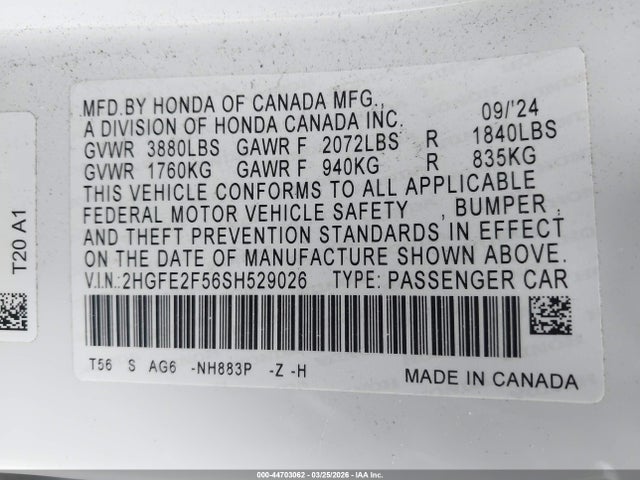 Продажа на аукционе авто 2025 Honda Civic Sport, vin: 2HGFE2F56SH529026, номер лота: 44703062
