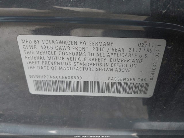 44703068 :رقم المزاد ، WVWHP7AN6CE508899 vin ، 2012 Volkswagen Cc Lux Limited مزاد بيع