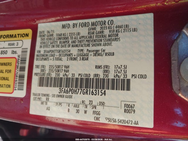44703078 :رقم المزاد ، 3FA6P0H77GR163154 vin ، 2016 Ford Fusion Se مزاد بيع