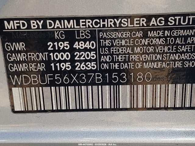 44703082 :رقم المزاد ، WDBUF56X37B153180 vin ، 2007 Mercedes-benz E 350 مزاد بيع