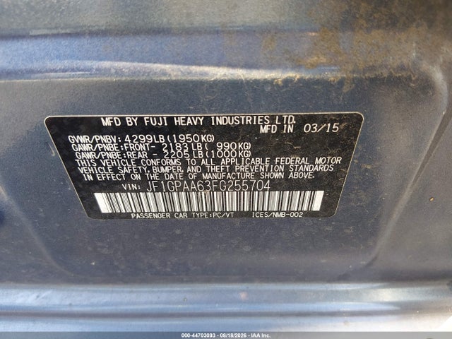 Продажа на аукционе авто 2015 Subaru Impreza 2.0i, vin: JF1GPAA63FG255704, номер лота: 44703093