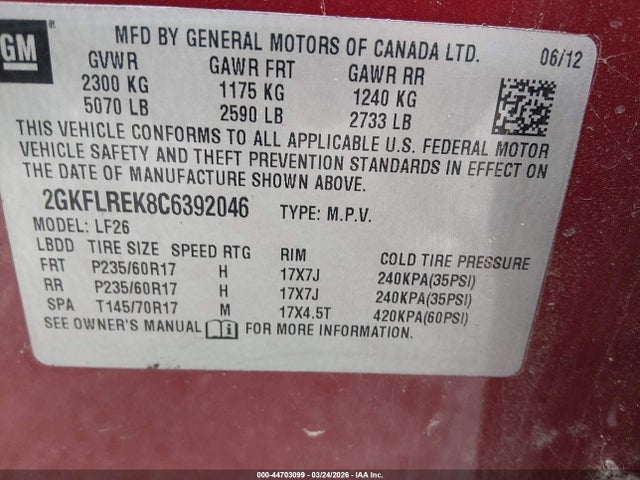 Продаж на аукціоні авто 2012 Gmc Terrain Sle-1, vin: 2GKFLREK8C6392046, номер лоту: 44703099