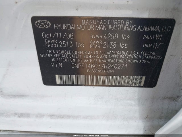 44703103 :رقم المزاد ، 5NPET46C37H240274 vin ، 2007 Hyundai Sonata Gls مزاد بيع