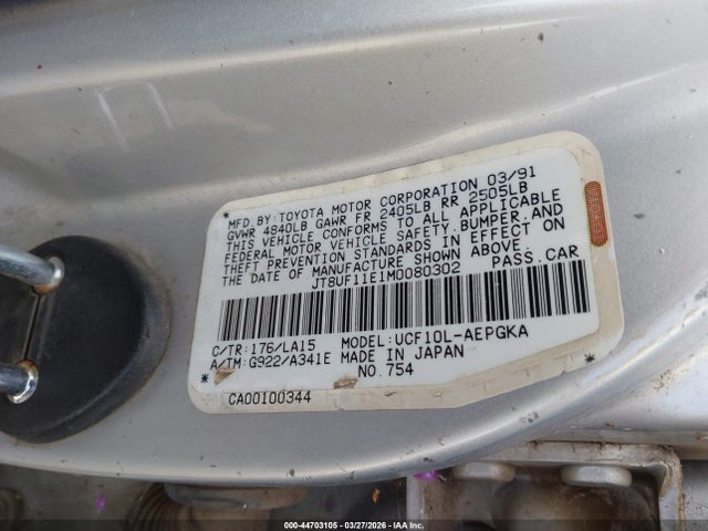 44703105 :رقم المزاد ، JT8UF11E1M0080302 vin ، 1991 Lexus Ls 400 مزاد بيع