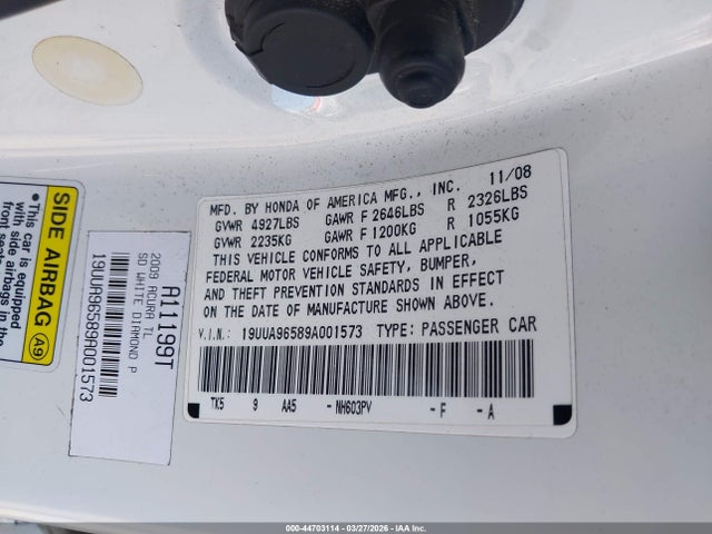 Продажа на аукционе авто 2009 Acura Tl 3.7, vin: 19UUA96589A001573, номер лота: 44703114