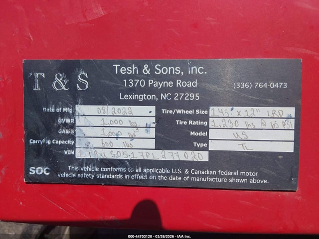 44703128 :رقم المزاد ، 1T9US0517PL277020 vin ، 2023 Trailer Tesh & Son's Handicap Wheel Chair مزاد بيع