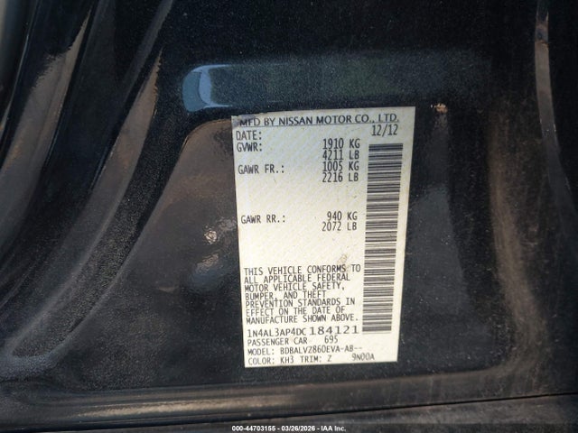 2013 Nissan Altima 2.5 Sl მანქანა იყიდება აუქციონზე, vin: 1N4AL3AP4DC184121, აუქციონის ნომერი: 44703155
