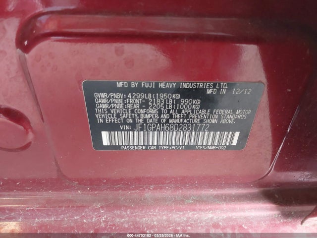 Aukcja sprzedaży 2013 Subaru Impreza 2.0i Limited, vin: JF1GPAH68D2831772, numer aukcji: 44703182