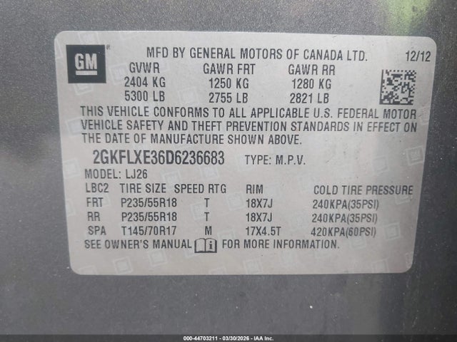 Aukcja sprzedaży 2013 Gmc Terrain Slt-2, vin: 2GKFLXE36D6236683, numer aukcji: 44703211