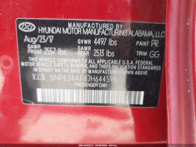 44703213 :رقم المزاد ، 5NPE34AF6JH644596 vin ، 2018 Hyundai Sonata Sel مزاد بيع