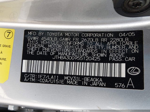 44703221 :رقم المزاد ، JTHBA30G955120425 vin ، 2005 Lexus Es 330 مزاد بيع
