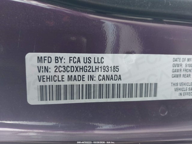 Продажа на аукционе авто 2020 Dodge Charger Gt Rwd, vin: 2C3CDXHG2LH193185, номер лота: 44703223